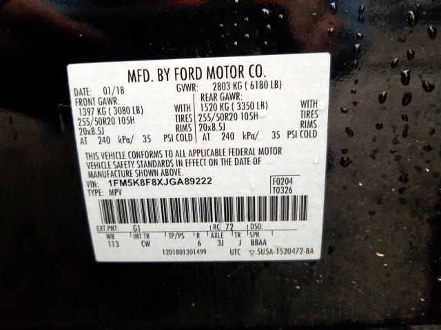 1FM5K8F8XJGA89222 - 2018 FORD EXPLORER LIMITED  photo 10