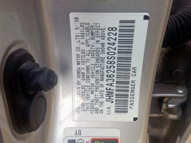 JHMFA36258S024228 - 2008 HONDA CIVIC HYBRID  photo 10