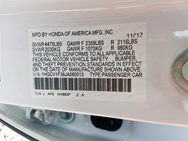 1HGCV1F36JA060013 - 2018 HONDA ACCORD SPORT  photo 10