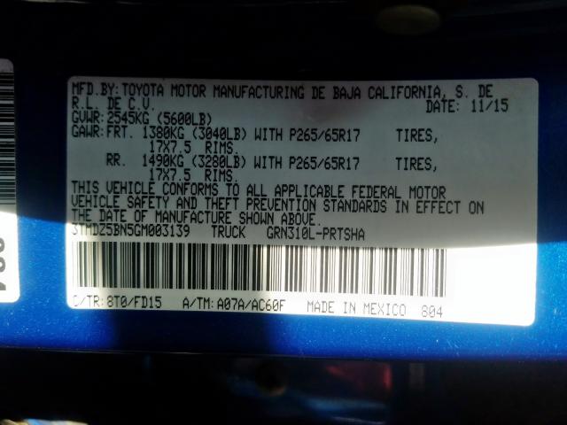3TMDZ5BN5GM003139 - 2016 TOYOTA TACOMA DOUBLE CAB  照片 10