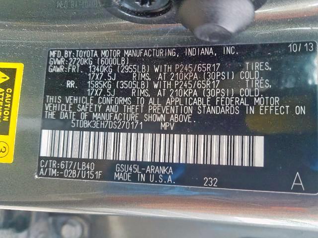 5TDBK3EH7DS270171 - 2013 TOYOTA HIGHLANDER BASE  صورة 10