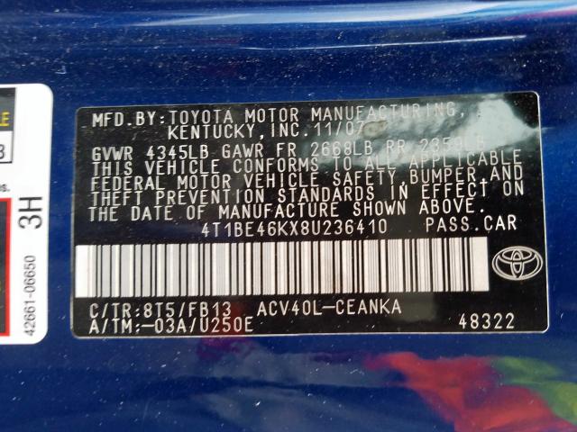 4T1BE46KX8U236410 - 2008 TOYOTA CAMRY CE  photo 10