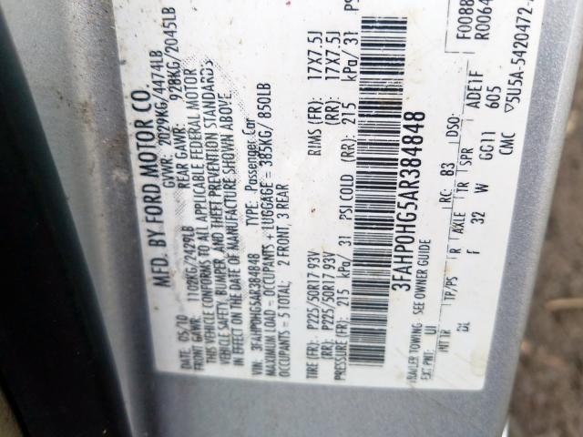 3FAHP0HG5AR384848 - 2010 FORD FUSION SE  photo 10