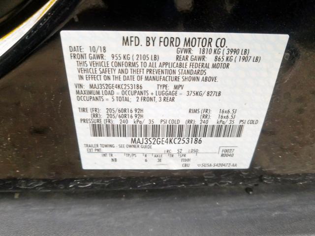 MAJ3S2GE4KC253186 - 2019 FORD ECOSPORT SE  photo 10