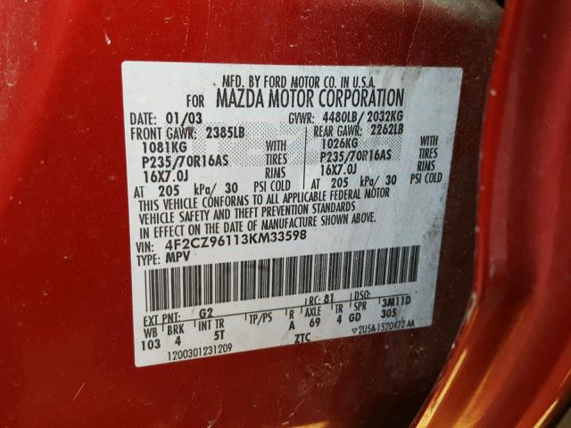 4F2CZ96113KM33598 - 2003 MAZDA TRIBUTE ES  照片 10