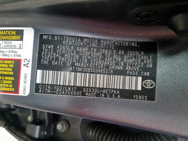 4T1BK3DB5CU465236 - 2012 TOYOTA AVALON BASE  photo 10