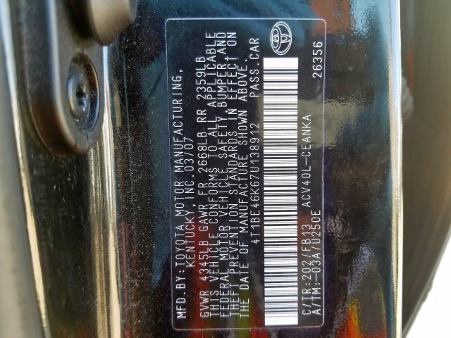 4T1BE46K67U138912 - 2007 TOYOTA CAMRY CE  photo 10