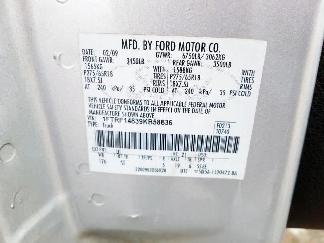 1FTRF14839KB58636 - 2009 FORD F150  photo 10