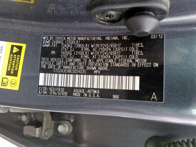 5TDZA3EH8CS024035 - 2012 TOYOTA HIGHLANDER BASE  صورة 10