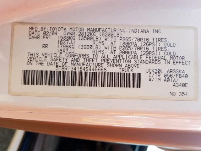 5TBRT34184S446668 - 2004 TOYOTA TUNDRA ACCESS CAB SR5  photo 10