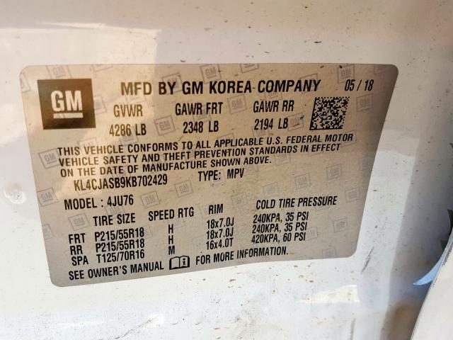 KL4CJASB9KB702429 - 2019 BUICK ENCORE PREFERRED  фото 10