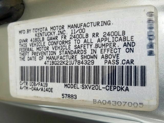 4T1BG22K21U784329 - 2001 TOYOTA CAMRY CE  photo 10