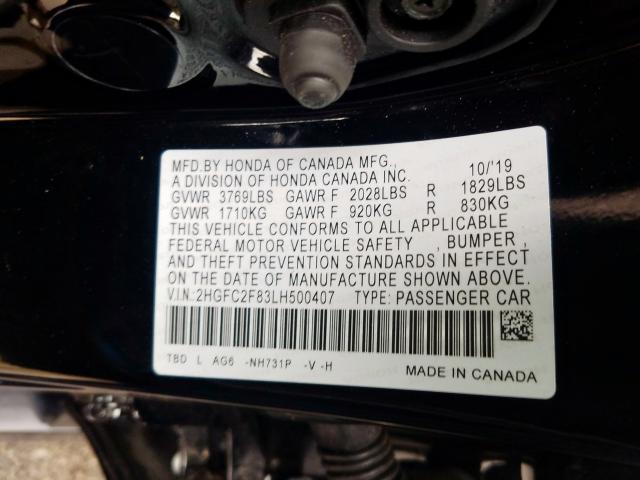 2HGFC2F83LH500407 - 2020 HONDA CIVIC SPORT  photo 10