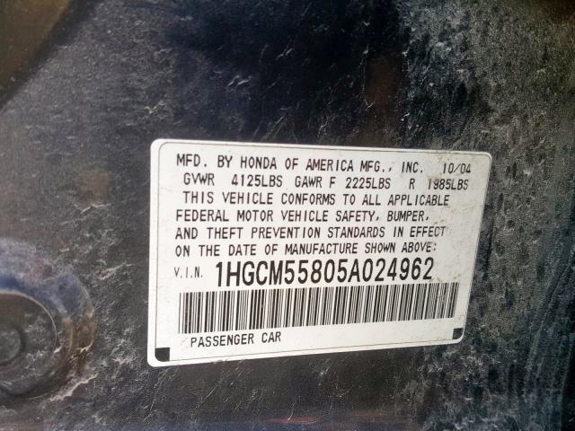 1HGCM55805A024962 - 2005 HONDA ACCORD EX  photo 10