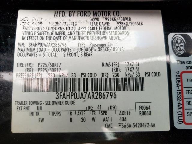 3FAHP0JA7AR286796 - 2010 FORD FUSION SEL  photo 10