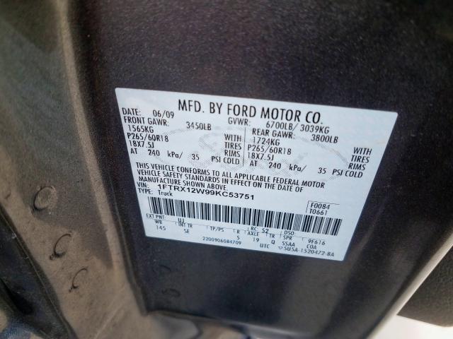 1FTRX12W99KC53751 - 2009 FORD F150 SUPER CAB  photo 10