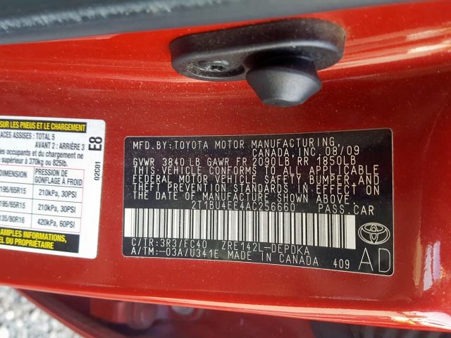 2T1BU4EE4AC256660 - 2010 TOYOTA COROLLA BASE  photo 10