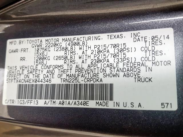 5TFTX4CN4EX044346 - 2014 TOYOTA TACOMA ACCESS CAB  ფოტო 10