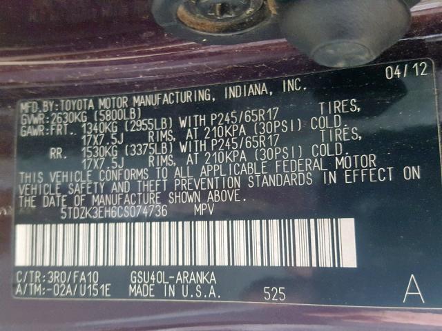 5TDZK3EH6CS074736 - 2012 TOYOTA HIGHLANDER BASE  photo 10