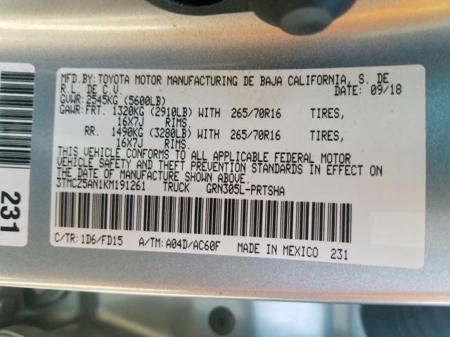 3TMCZ5AN1KM191261 - 2019 TOYOTA TACOMA DOUBLE CAB  照片 10