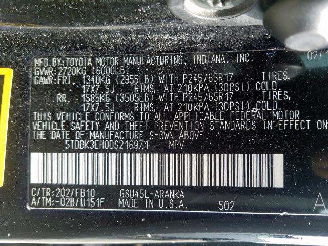 5TDBK3EH0DS216971 - 2013 TOYOTA HIGHLANDER BASE  фото 10