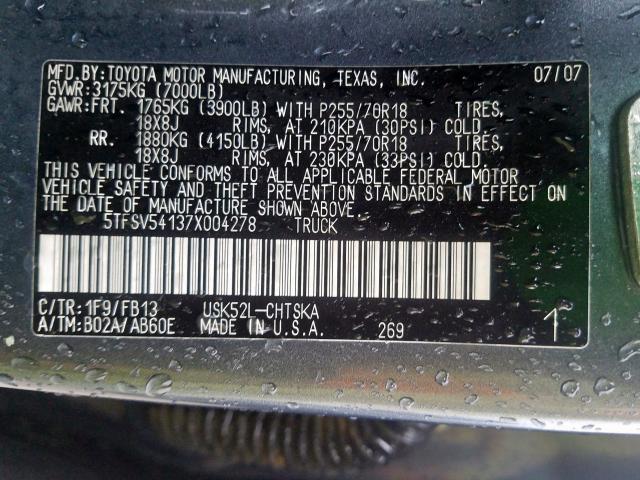 5TFSV54137X004278 - 2007 TOYOTA TUNDRA DOUBLE CAB SR5  photo 10