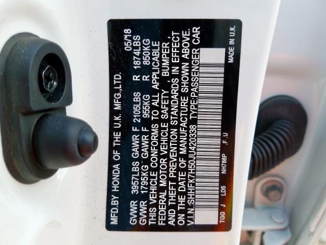 SHHFK7H50JU420338 - 2018 HONDA CIVIC EX  photo 10