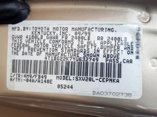 4T1BG22K7YU632749 - 2000 TOYOTA CAMRY CE  photo 10