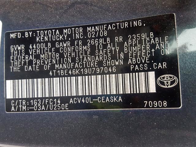 4T1BE46K19U797046 - 2009 TOYOTA CAMRY BASE  photo 10