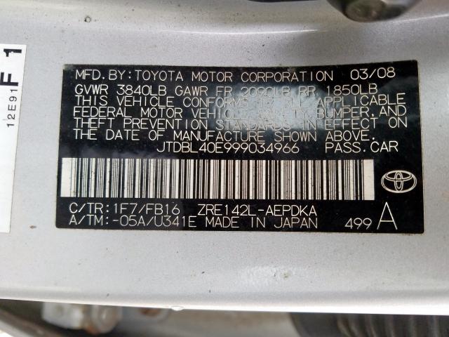 JTDBL40E999034966 - 2009 TOYOTA COROLLA BASE  photo 10