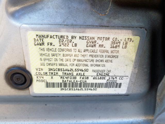 3N1CB51A62L554650 - 2002 NISSAN SENTRA GXE  photo 10