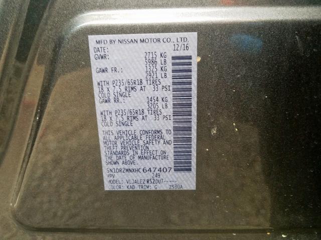 5N1DR2MNXHC647407 - 2017 NISSAN PATHFINDER S  photo 10