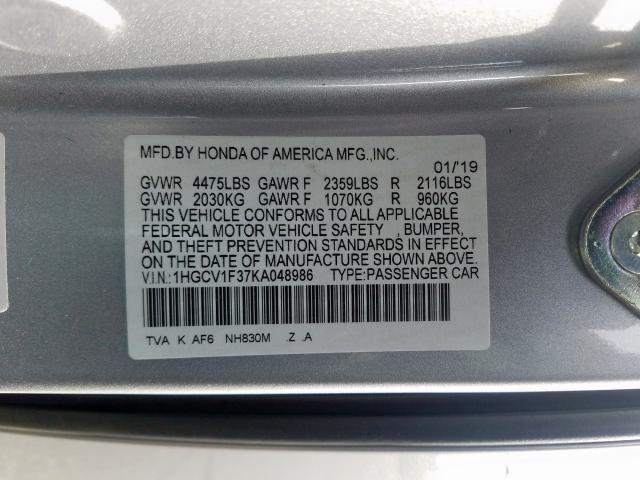 1HGCV1F37KA048986 - 2019 HONDA ACCORD SPORT  photo 10