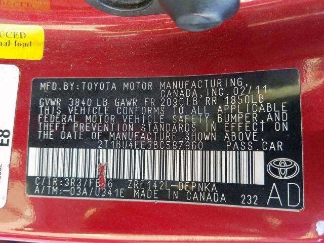 2T1BU4EE3BC587960 - 2011 TOYOTA COROLLA BASE  foto 10
