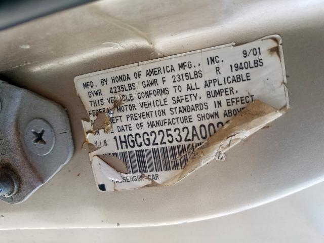 1HGCG22532A002319 - 2002 HONDA ACCORD EX  photo 10