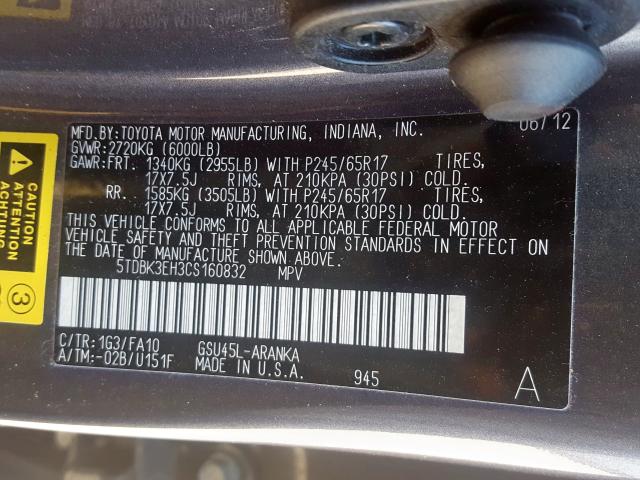 5TDBK3EH3CS160832 - 2012 TOYOTA HIGHLANDER BASE  photo 10