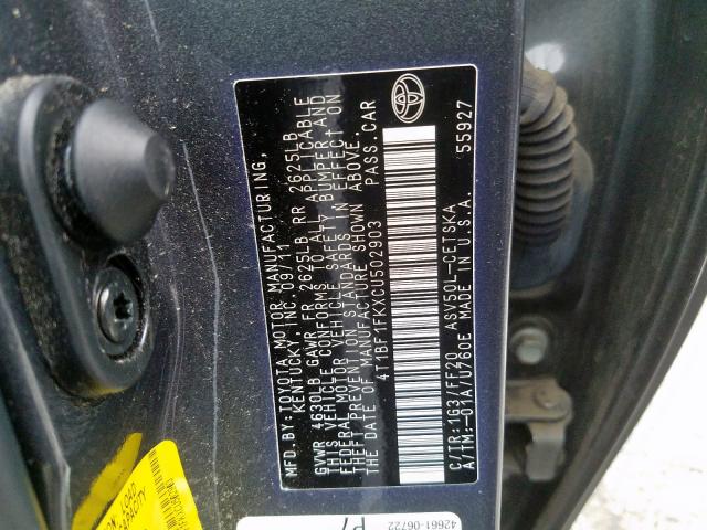 4T1BF1FKXCU502903 - 2012 TOYOTA CAMRY BASE  photo 10