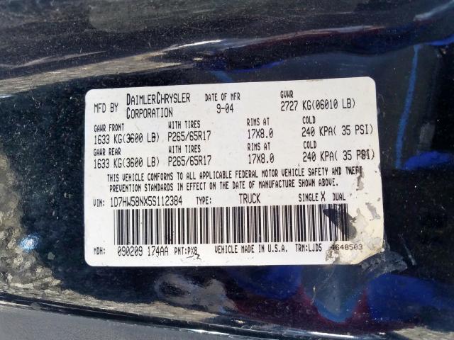 1D7HW58NX5S112384 - 2005 DODGE DAKOTA QUAD LARAMIE  photo 10