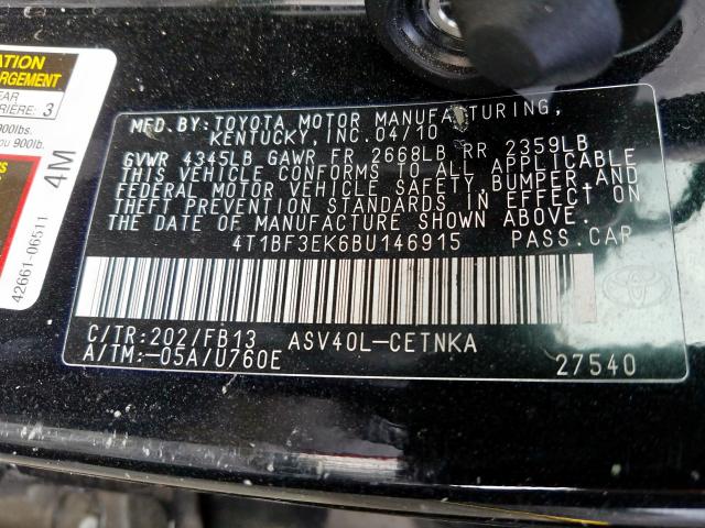 4T1BF3EK6BU146915 - 2011 TOYOTA CAMRY BASE  photo 10