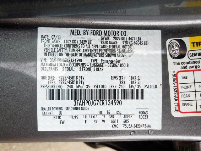 3FAHP0JG7CR134590 - 2012 FORD FUSION SEL  photo 10