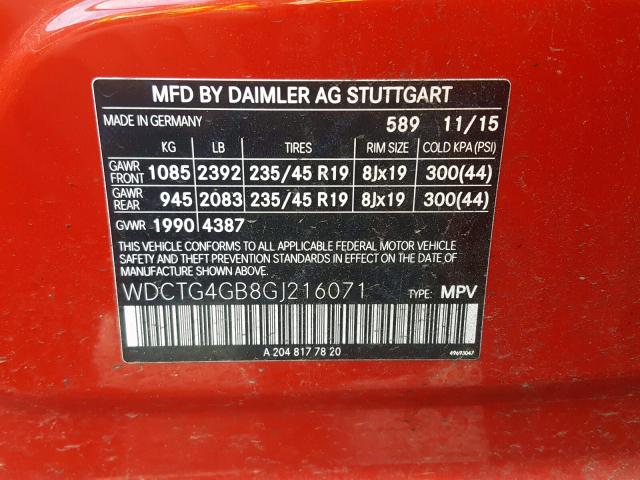 WDCTG4GB8GJ216071 - 2016 MERCEDES-BENZ GLA 250 4MATIC  photo 10