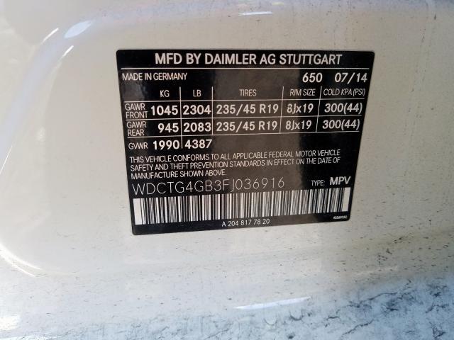 WDCTG4GB3FJ036916 - 2015 MERCEDES-BENZ GLA 250 4MATIC  photo 10