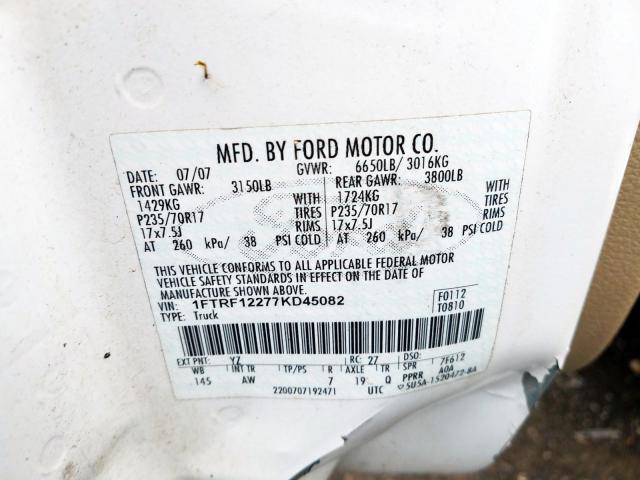 1FTRF12277KD45082 - 2007 FORD F150  photo 10