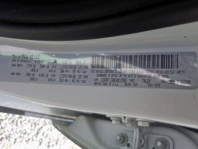 1C6RRFLG8KN812765 - 2019 RAM 1500 REBEL  ფოტო 10