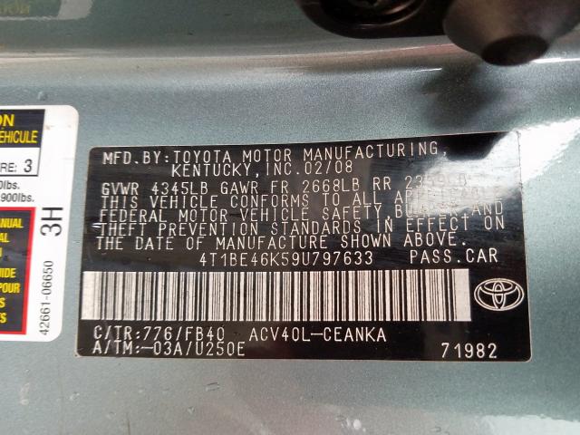 4T1BE46K59U797633 - 2009 TOYOTA CAMRY BASE  photo 10