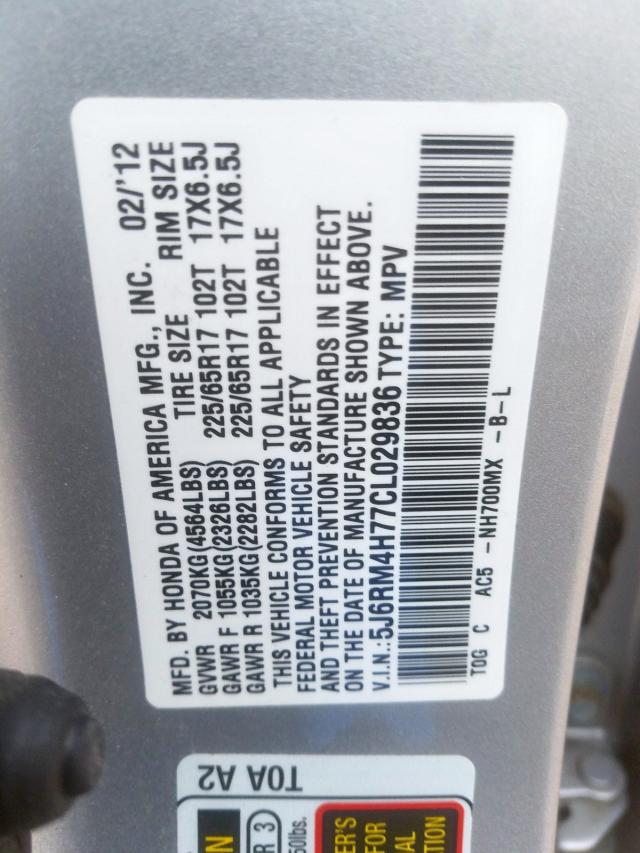 5J6RM4H77CL029836 - 2012 HONDA CR-V EXL  photo 10