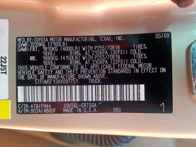 5TFUW5F13AX097751 - 2010 TOYOTA TUNDRA DOUBLE CAB SR5  photo 10