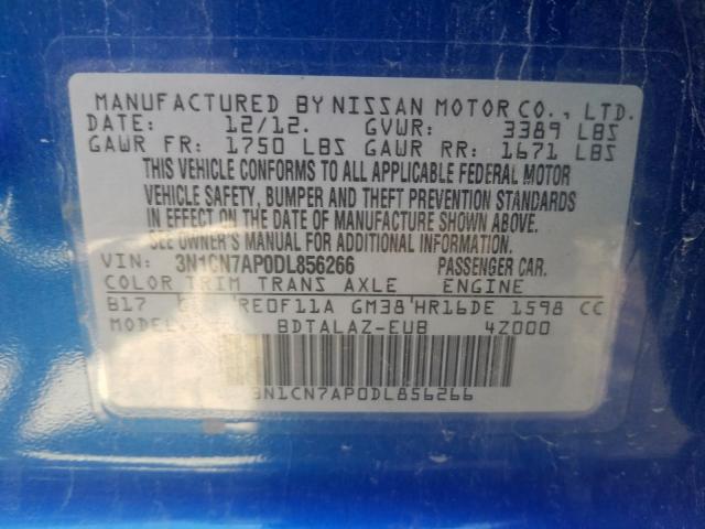 3N1CN7AP0DL856266 - 2013 NISSAN VERSA S  photo 10