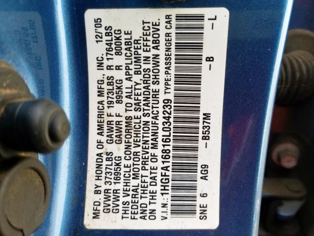 1HGFA16816L034239 - 2006 HONDA CIVIC EX  photo 10