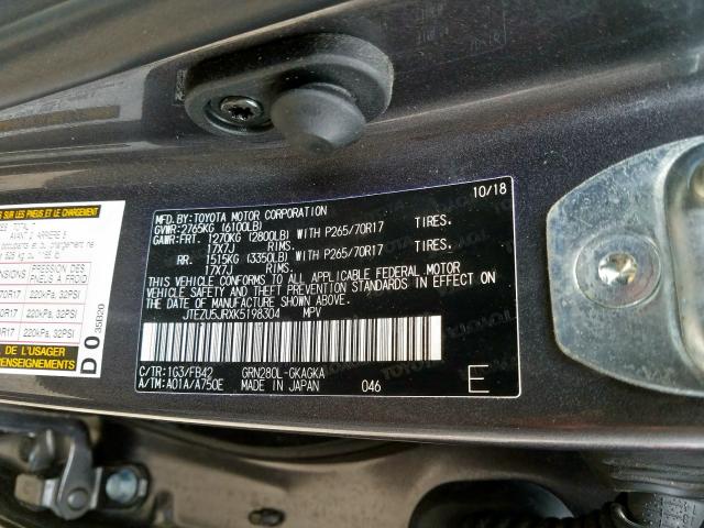 JTEZU5JRXK5198304 - 2019 TOYOTA 4RUNNER SR5  photo 10